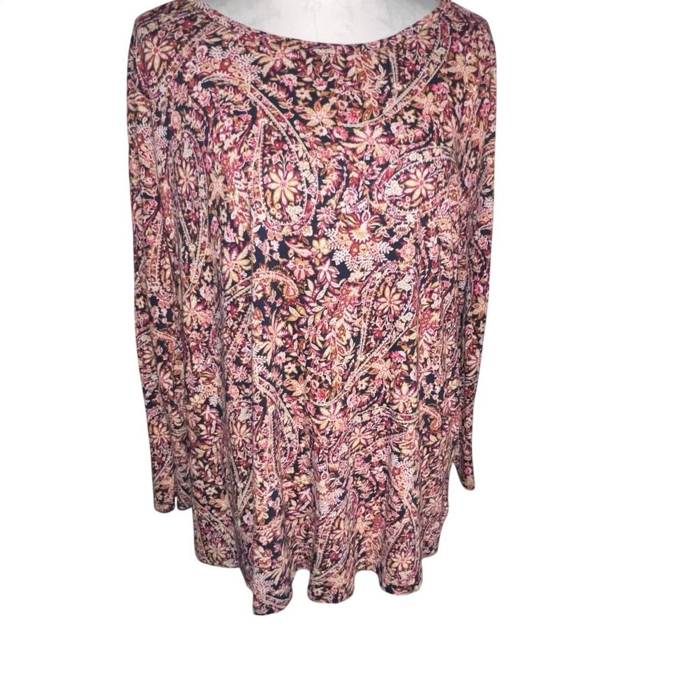 Lucky‎ Brand Womens 2X Black Paisley Floral Long Sleeve Boatneck Stretchy Tunic